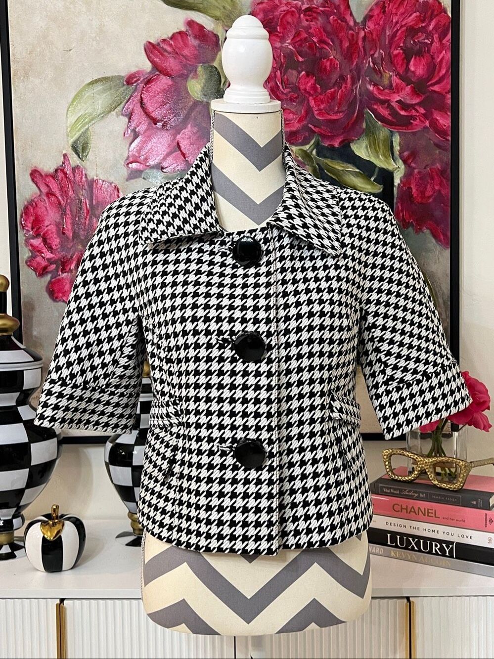 Nine West Suit Women's Houndstooth Cropped Blazer Jacket Black White Size 2